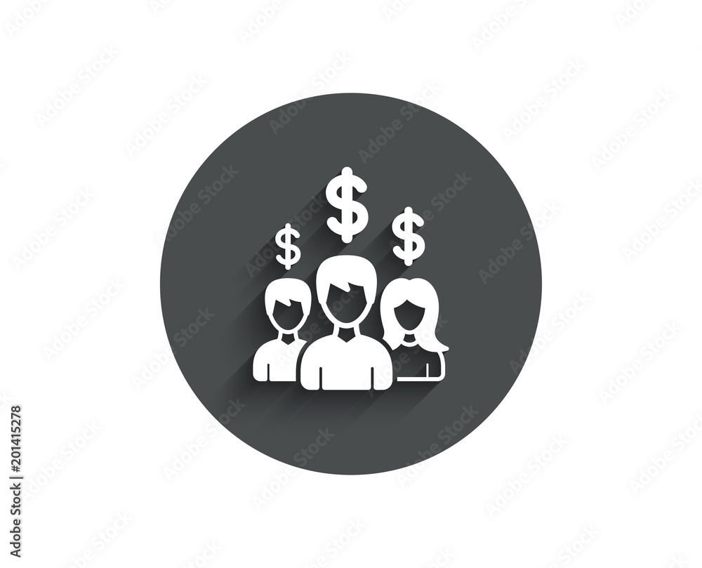 Business networking simple icon. Group of people with Dollar signs. Circle flat button with shadow. Vector Business networking simple icon. Group of people with Dollar signs. Circle flat button with shadow. Vector