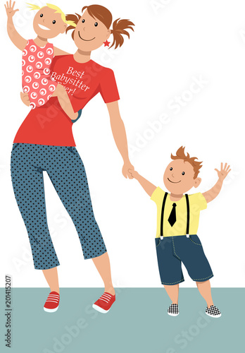 Teenage girl babysitter or nanny holding two little children, EPS 8 vector illustration