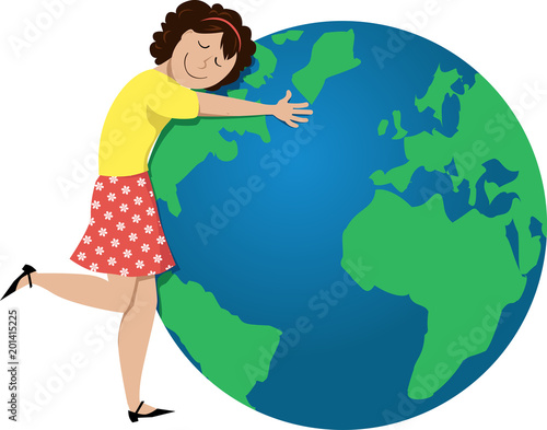 Cartoon girl hugging a globe, EPS 8 vector illustration