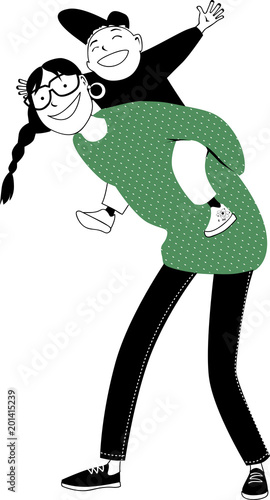 Teenage girl, older sister or a babysitter, giving a piggyback ride to a little boy, EPS 8 vector illustration, black and green only, no white objects