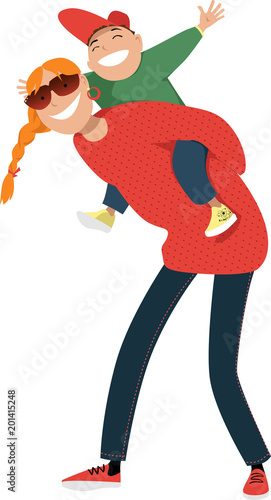 Teenage girl, older sister or a babysitter, giving a piggyback ride to a little boy, EPS 8 vector illustration