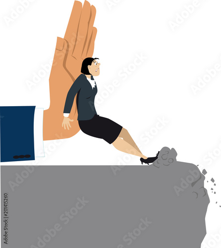 Giant hand pushing a resisting woman towards an abyss, EPS 8 vector illustration