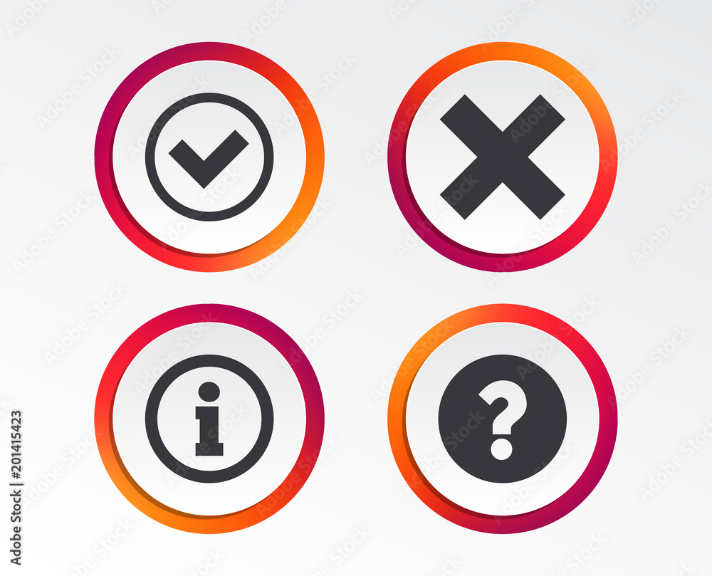 Information icons. Delete and question FAQ mark signs. Approved check mark symbol. Infographic design buttons. Circle templates. Vector