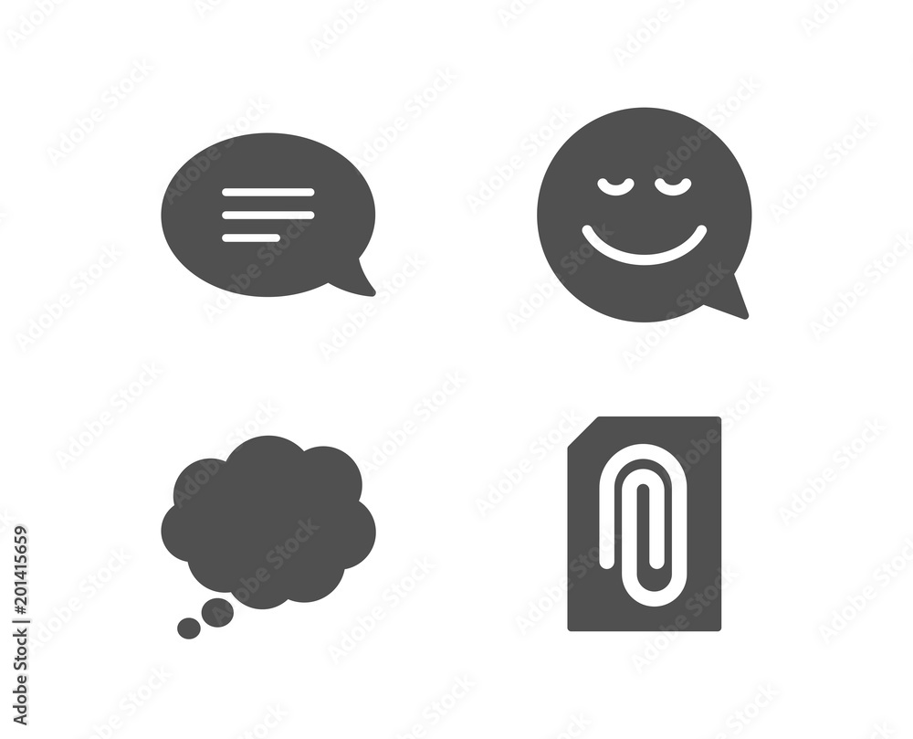 Set of Smile, Chat and Comic message icons. Attachment sign. Chat emotion, Speech bubble, Attach document. Quality design elements. Classic style. Vector Set of Smile, Chat and Comic message icons. Attachment sign. Chat emotion, Speech bubble, Attach document. Quality design elements. Classic style. Vector