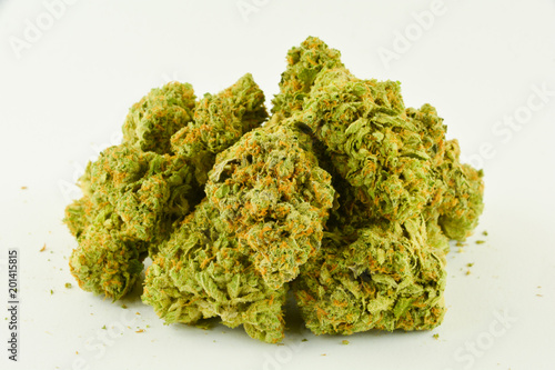 Marijuana buds close up on white background