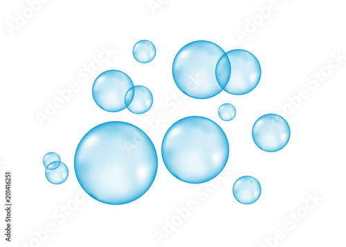 Air, water or oxygen blue bubbles on white background.