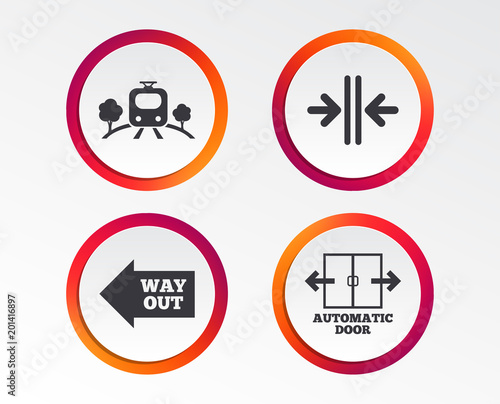 Train railway icon. Overground transport. Automatic door symbol. Way out arrow sign. Infographic design buttons. Circle templates. Vector
