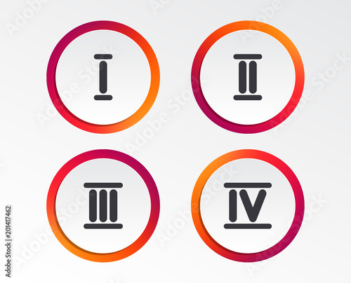 Roman numeral icons. 1, 2, 3 and 4 digit characters. Ancient Rome numeric system. Infographic design buttons. Circle templates. Vector