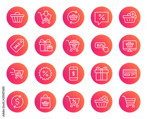 Shopping line icons. Gifts, Presents and Sale offer signs. Shopping cart, Tags and Delivery symbols. Speech bubble, Discount and Credit card. Online buying. Trendy gradient circle buttons. Vector