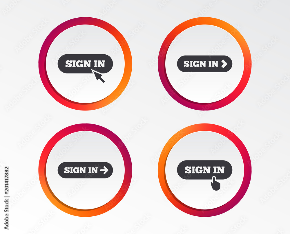 Sign in icons. Login with arrow, hand pointer symbols. Website or App navigation signs. Infographic design buttons. Circle templates. Vector Sign in icons. Login with arrow, hand pointer symbols. Website or App navigation signs. Infographic design buttons. Circle templates. Vector