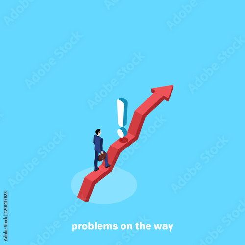 a man in a business suit on the arrow and an exclamation mark blocking the path, an isometric image