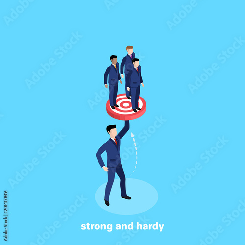 a man in a business suit holds three people on one hand, an isometric image