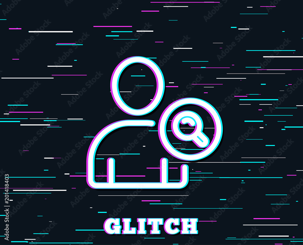 Glitch effect. Search User line icon. Profile Avatar with Magnifying glass sign. Person silhouette symbol. Background with colored lines. Vector Glitch effect. Search User line icon. Profile Avatar with Magnifying glass sign. Person silhouette symbol. Background with colored lines. Vector