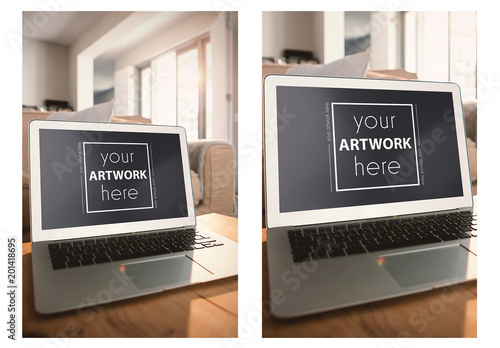 Laptop on Coffee Table in Living Room Mockup