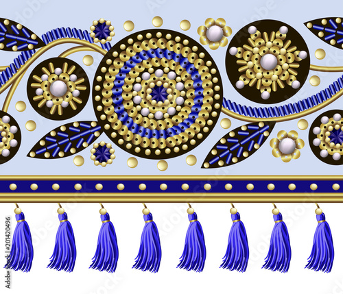 Seamless border with flowers embroidered sequins, beads and pearls and fringes for textile design.Vector fashion illustrations.