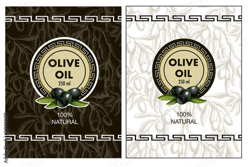 Label for olive oil with realistic olives and Greek meander pattern. Vector illustration.