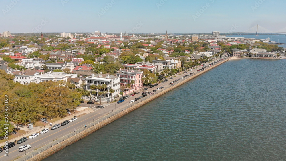 Aerial view of Charleston cityscape from the river, South Carolina