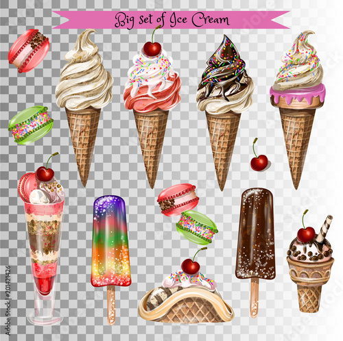 Big set of different types of ice cream. Vector.