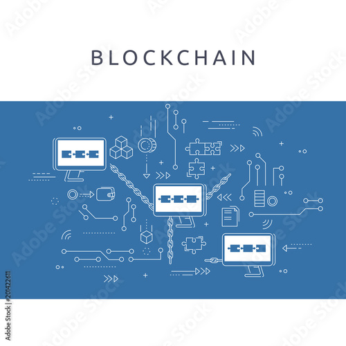 Blockchain technologie process abstract illustration in thin line style. Cryptocurrency vector concept.