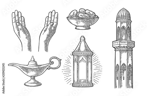 Praying Hands, arabic lamp,dates fruit, minaret and Aladdin lamp