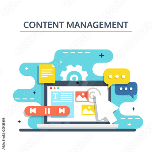 Content Management and Blogging concept in flat design. Creating, marketing and sharing of digital - vector illustration.
