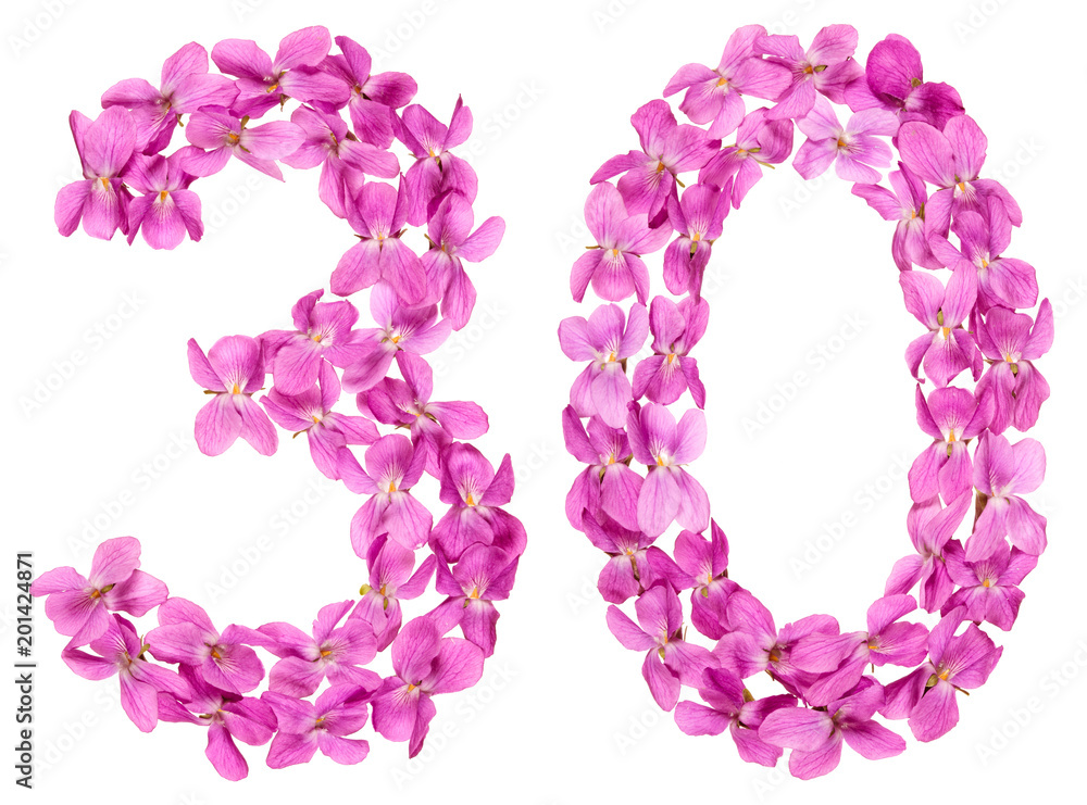 Arabic numeral 30, thirty, from flowers of viola, isolated on white background