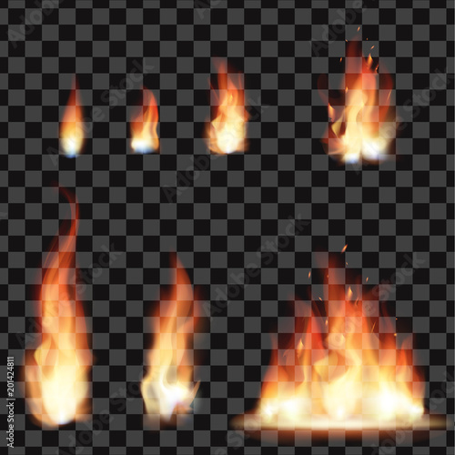 Set of bright realistic fire with transparency isolated on checkered vector background. Light effects collection for your design. Realistic fire flames effect, vector illustration.
