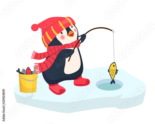 penguin fisherman caught fish