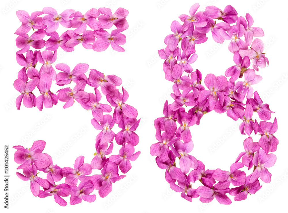Arabic numeral 58, fifty eight, from flowers of viola, isolated on white background