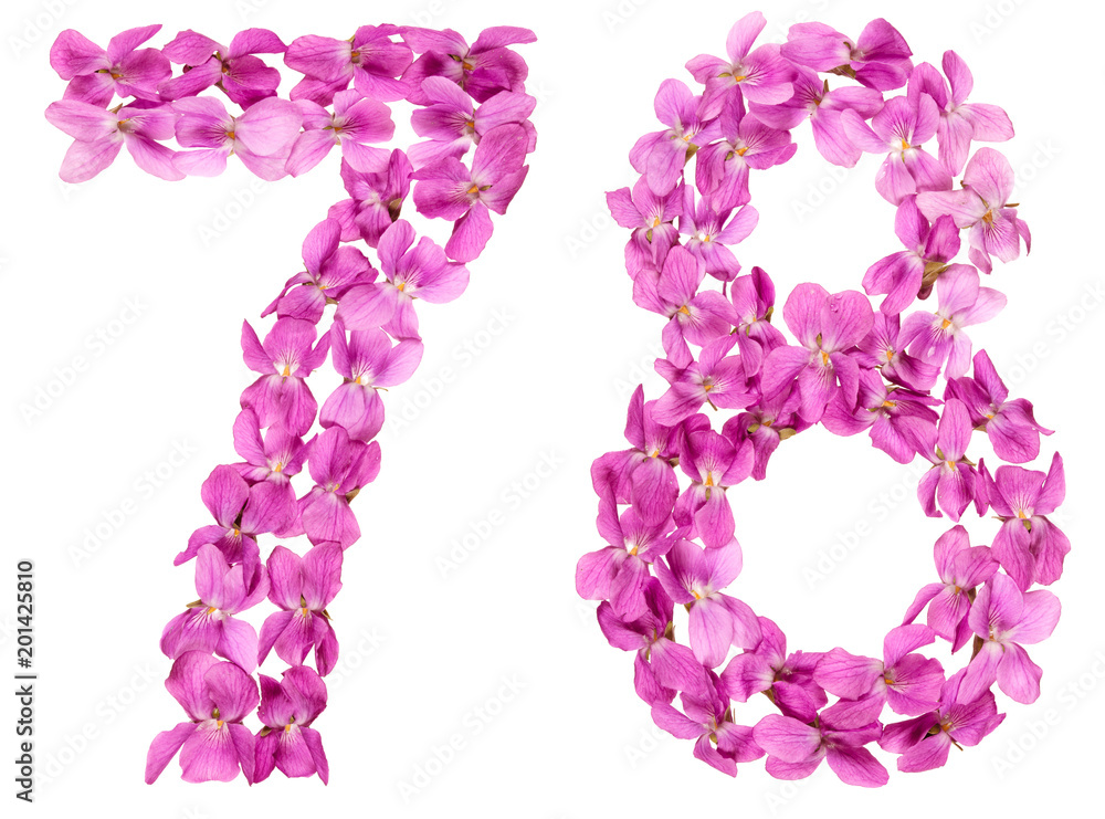 Arabic numeral 78, seventy eight, from flowers of viola, isolated on white background