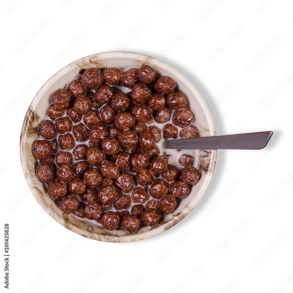 Dry breakfast with milk in plate with spoon Dry breakfast with milk in plate with spoon