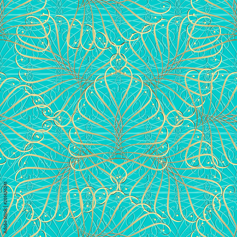 Vintage Gold Calligraphic 3d Seamless Pattern Vector Turquoise Background Wallpaper Elegance Swirl Lines Curves Abstract Flowers Line Art Tracery Luxury Ornament Endless Ornate Surface Texture Stock Vector Adobe Stock