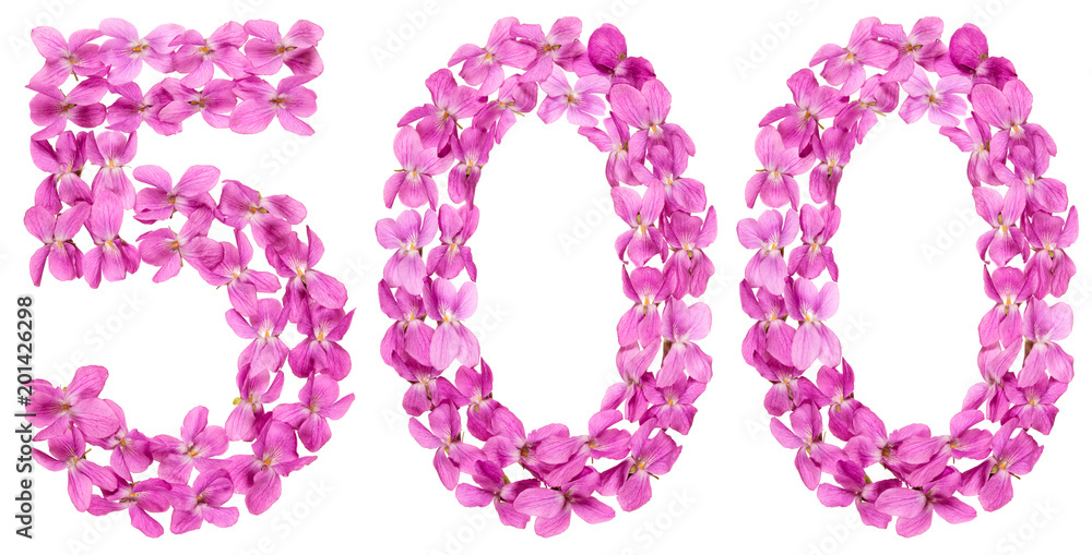 Arabic numeral 500, five hundred, from flowers of viola, isolated on white background Arabic numeral 500, five hundred, from flowers of viola, isolated on white background