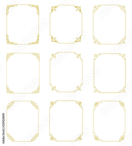 Big set of  thin vintage gold frame for your design. Vintage cover. Place for text. Vintage beautiful rectangular frame. Vector illustration.