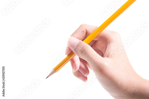 Hand holding pencil isolated on white background