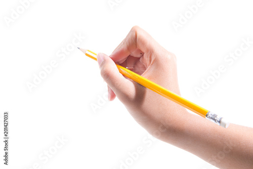 Hand holding pencil isolated on white background