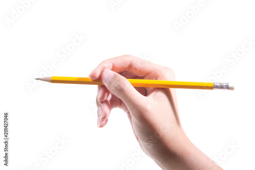 Hand holding pencil isolated on white background