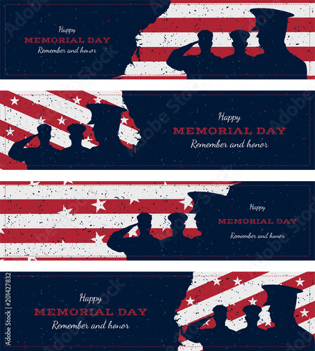 Happy memorial day. Set vintage retro greeting card with flag and soldier with old-style texture. National American holiday event. Flat Vector illustration EPS10