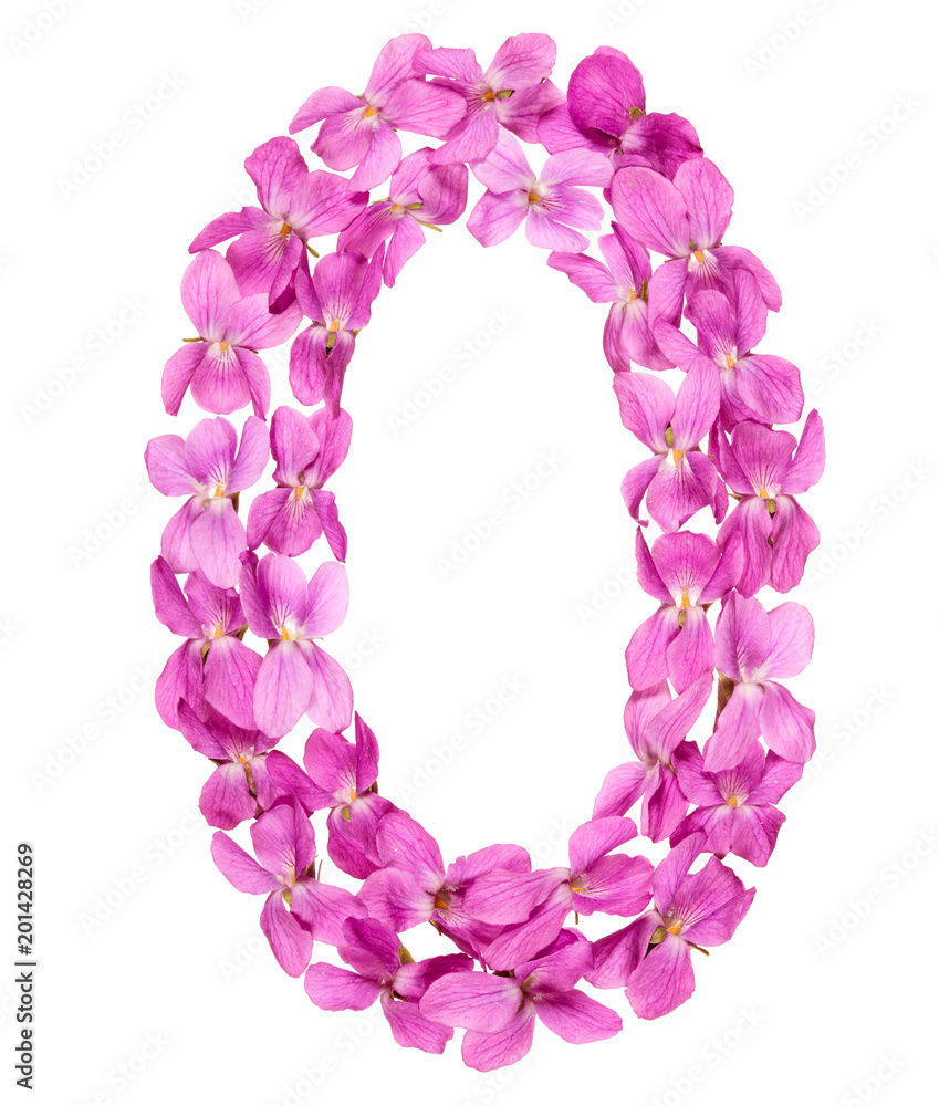 Arabic numeral 0, zero, from flowers of viola, isolated on white background Arabic numeral 0, zero, from flowers of viola, isolated on white background