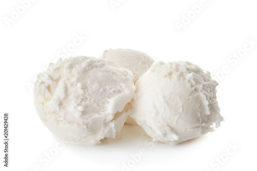 Balls of tasty vanilla ice cream on white background