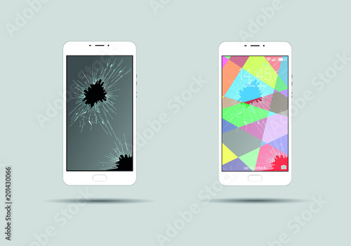 White modern phone with broken screen glass and on and off screen with shadow on gray background