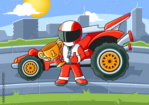 Champion Racer with a Golden Cup and His Racing Car. Coloring Book. Colored Illustration.