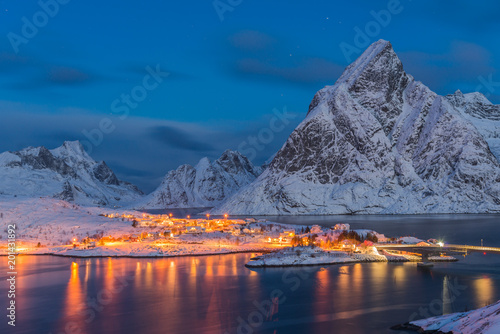 Panoramic view to Reinefjorden with mountains on background - Reine, Lofoten Islands, Norway © Tracy Ben