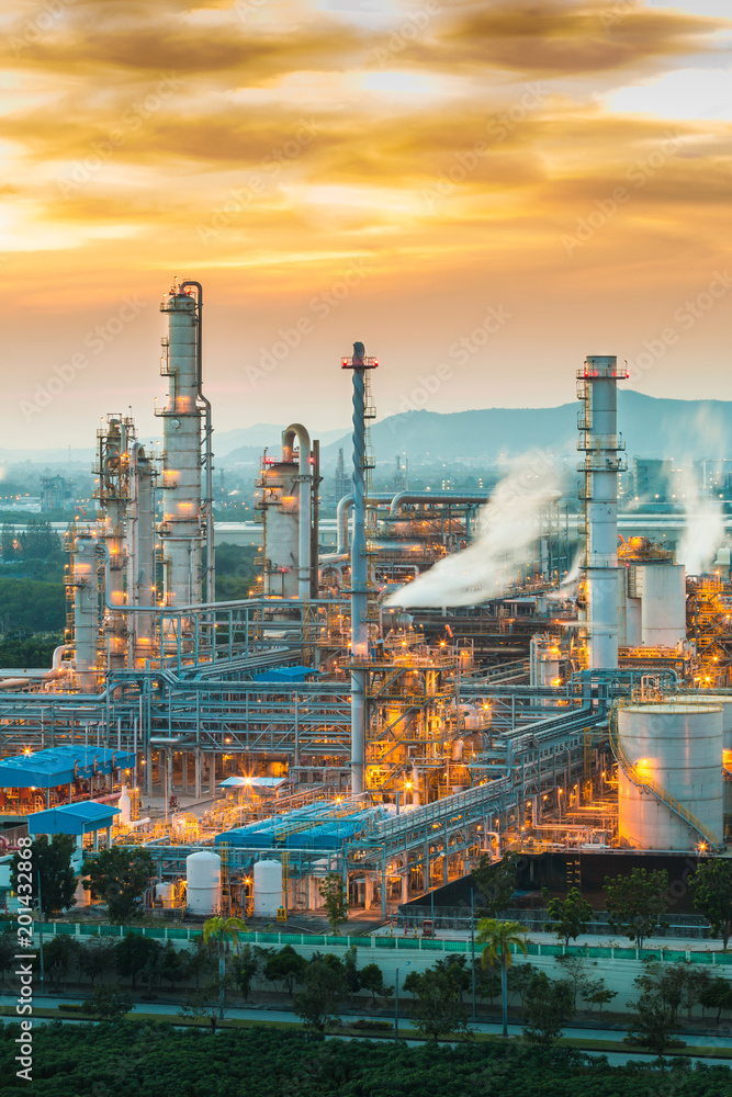 Oil refinery plant with twilight color sky