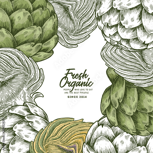 Vintage artichoke shop design template. Organic vegetables. Vector illustration 