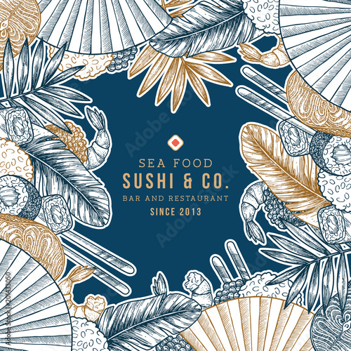 Sushi restaurant design template. Asian food background. Vector illustration