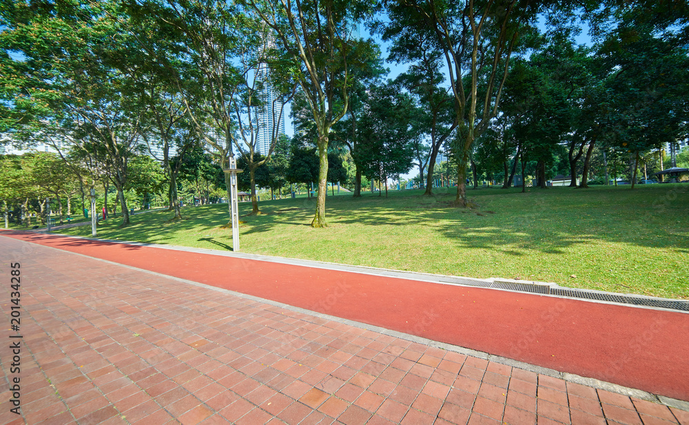 Walkway for exercise with beautiful green garden .