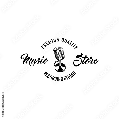 Vintage microphone icon. Music store logo. Music shop label emblem. Musical device. Vector.