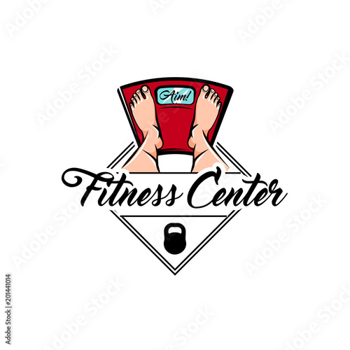 Floor scale, Kettlebell icon. Fitness center emblem logo label. Weight symbol. Vector.