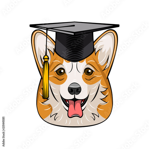 Welsh Corgi Dog Graduate. Graduation cap hat. Smiling dog. Dog breed. Vector.